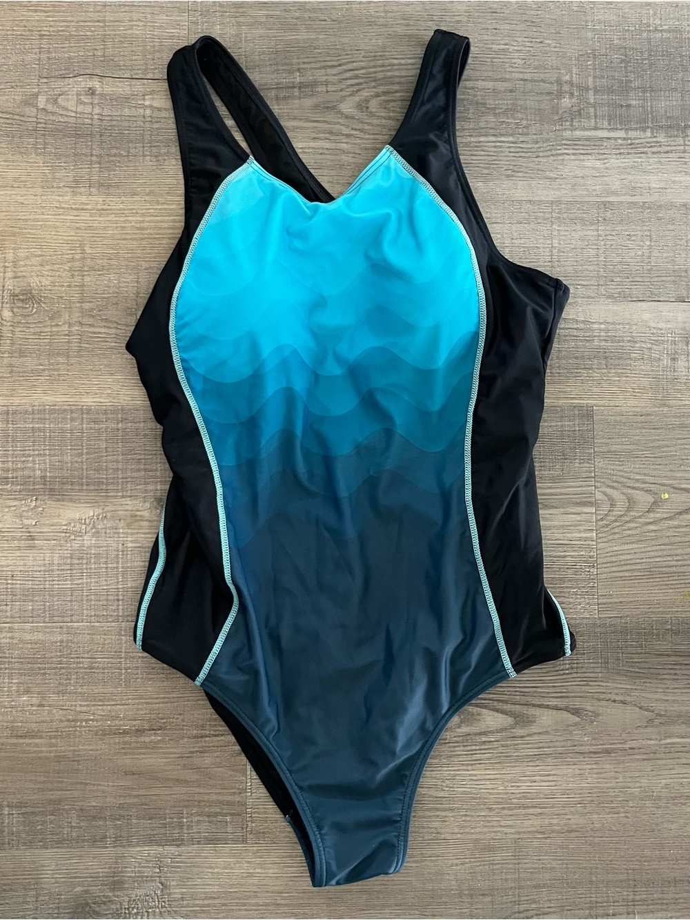 Women's One-Piece Racer Back Swimsuit Teal Ombre with Black Side Panels